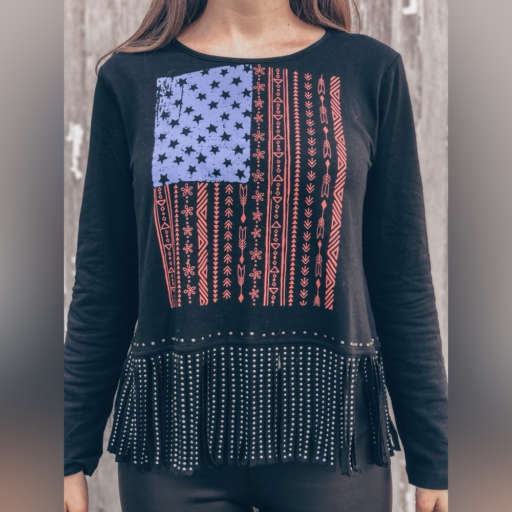 NWT flag shirt with studded fringe hem- multiple sizes!